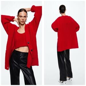 Mango Chunky Knit Cardigan Size Small Red Oversized Minimalist Classic